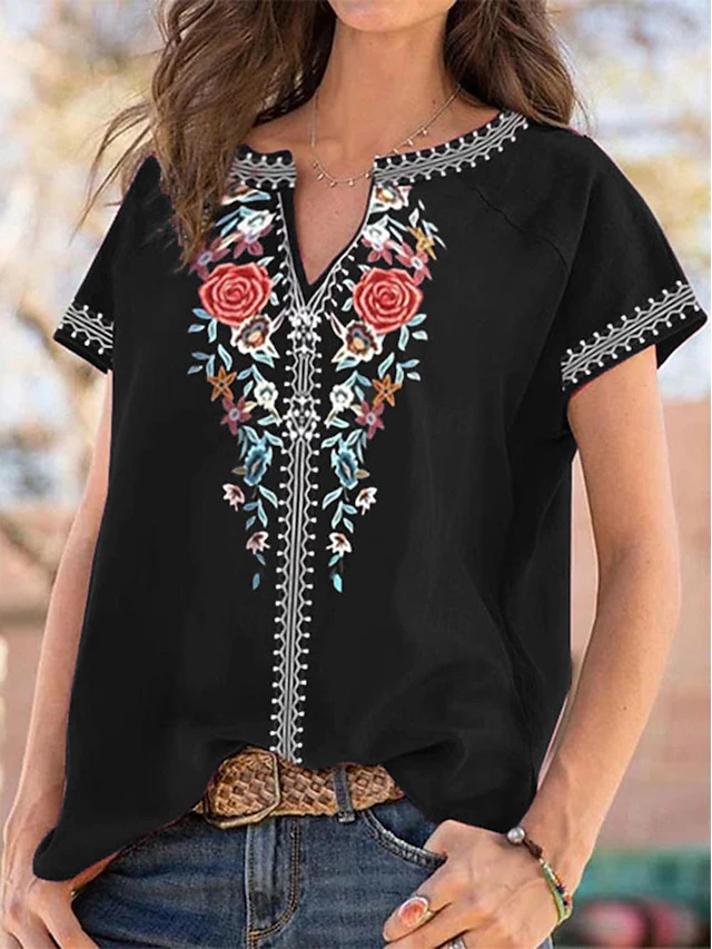 Women's Shirt Blouse Floral Ethnic Short Sleeve V Neck Regular Tops Casual Holiday Print Black White Wine Army Green Navy Blue Summer 6