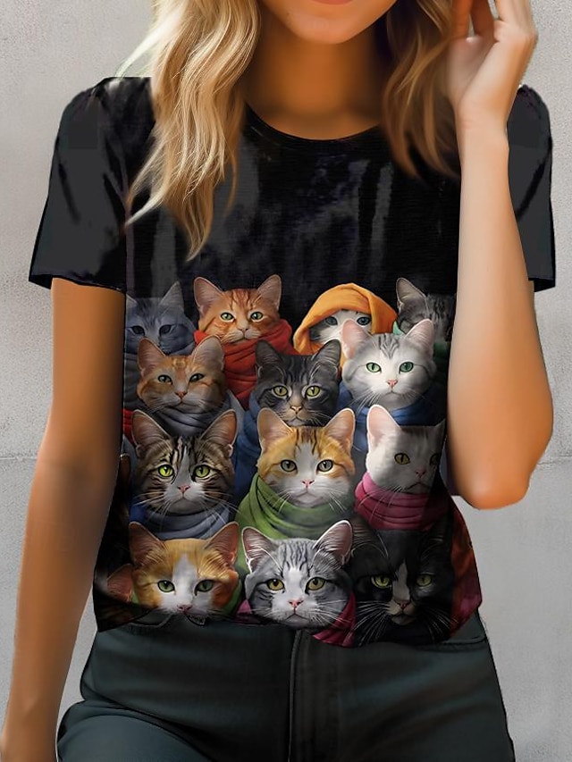  Naisten T-paita Kissa Kausaliteetti Muoti Lyhythihainen Tiukka pyöreä kaula-aukko Musta Kevät kesä
