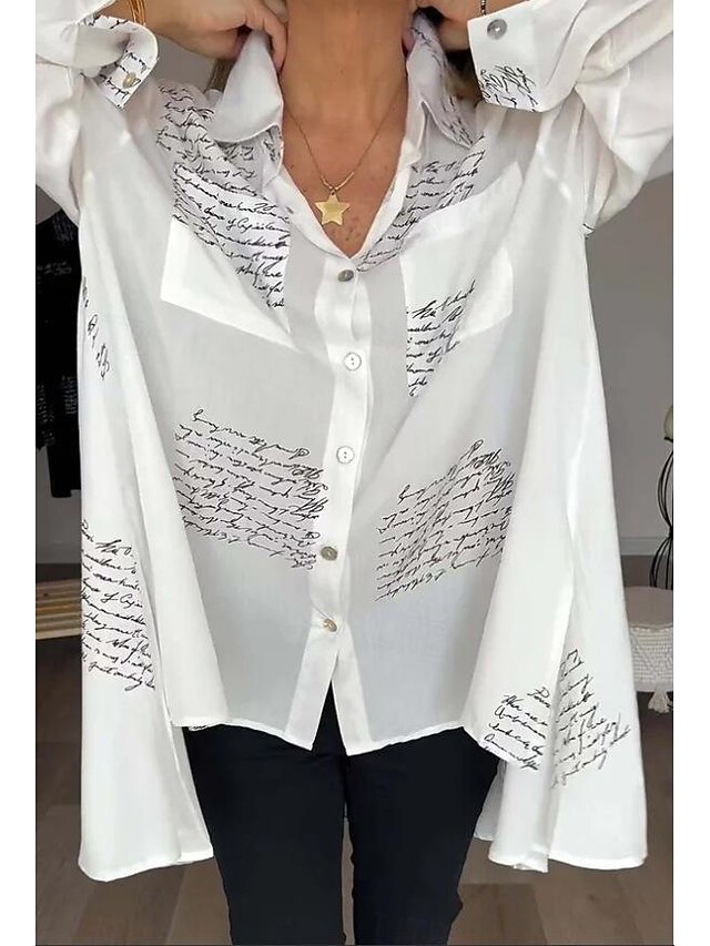 Women's Shirt Blouse Fashion Letter Buttons Pocket Print Long Sleeve Long Tops Shirt Collar Casual Black White Yellow Pink Blue Spring & Fall 7