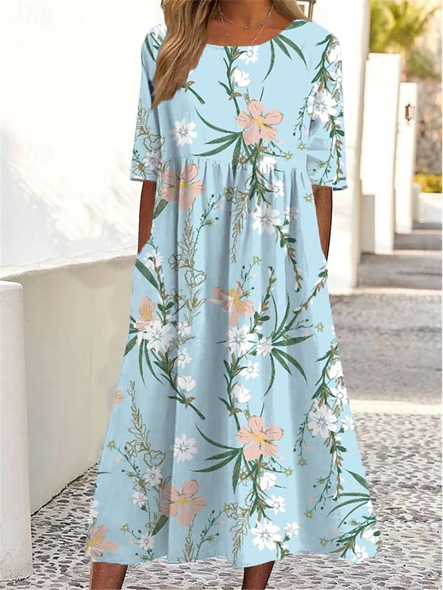  Women's Casual Dress Floral Pocket Print Crew Neck Midi Dress Vacation Half Sleeve Summer