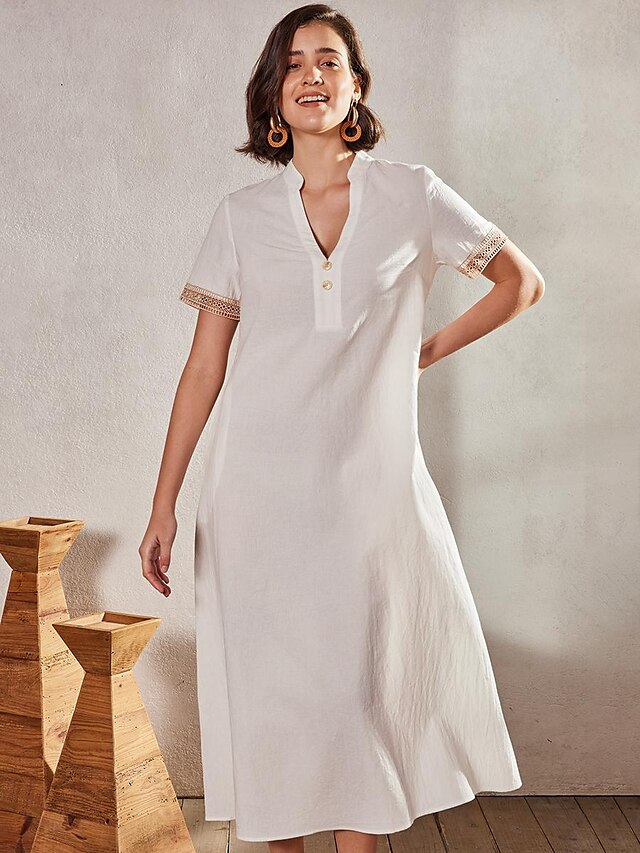  Γυναικεία Φόρεμα ριχτό Μακρύ φόρεμα Βαμβακερά λευκά είδη Δαντέλα Κουρελού Μονόχρωμο Καθημερινό Διακοπές Λαιμός με εγκοπή Κοντομάνικο Καλοκαίρι Άνοιξη Λευκό