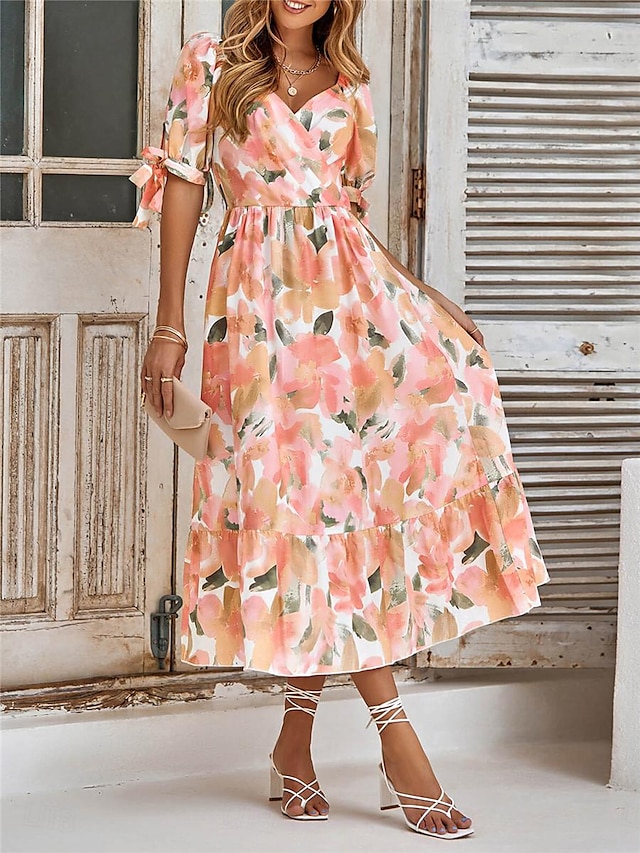  Damen Casual kleid A Linie Kleid Blumen Bedruckt V Ausschnitt Midikleid Urlaub Halbe Ärmel Sommer