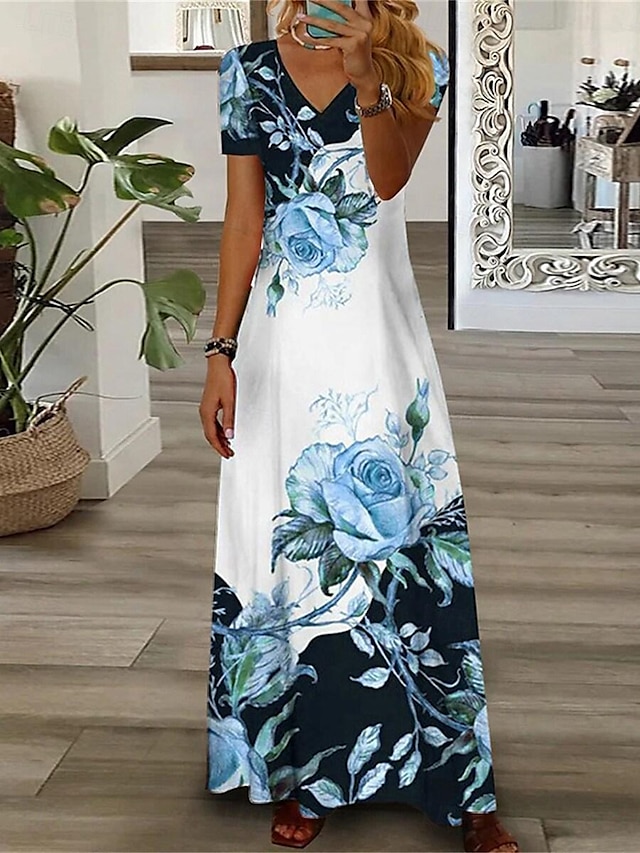  Femme Robe casual Floral Imprimer Col V robe longue Vacances Manche Courte Eté