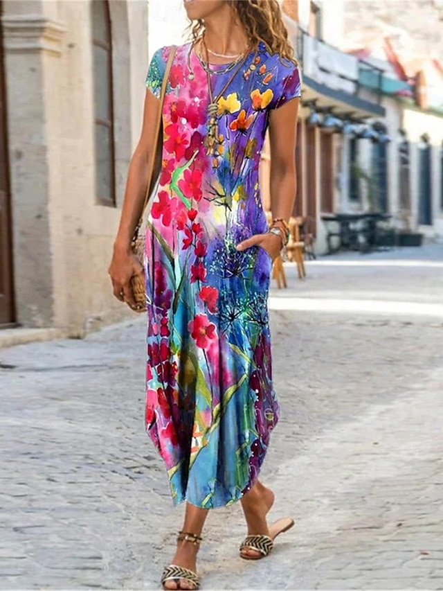  Women's Casual Dress Graphic Color Block Print Crew Neck Long Dress Maxi Dress Vacation Short Sleeve Summer