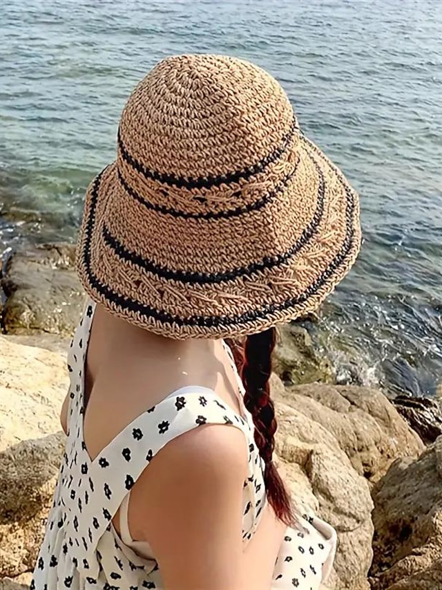  Pălărie de găleată de paie cu boruri largi, făcută manual, pălării de soare de vară croșetate cu volane, pălării de plajă, respirabile, de călătorie în aer liber, pentru femei, fete
