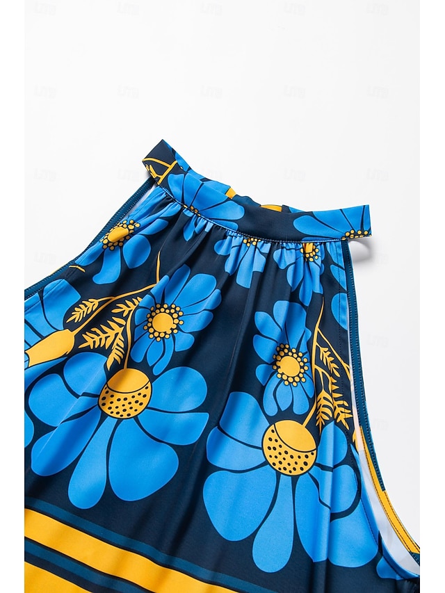 Per donna Geometrico Fiore / Piante Da mare Fine settimana Senza maniche Blu Increspato Legare indietro / Legare davanti Senza maniche Blouse Allacciato al collo Estate