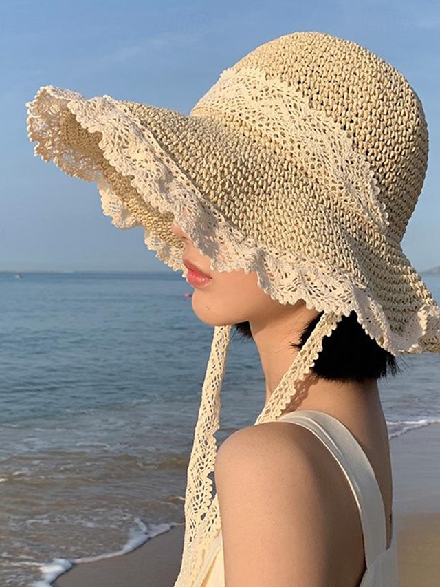  elegant beige/khaki stråhatt med snørebånd bred rand volangsolhatter pustende reisestrandhatter for kvinner jenter sommer utendørsferie