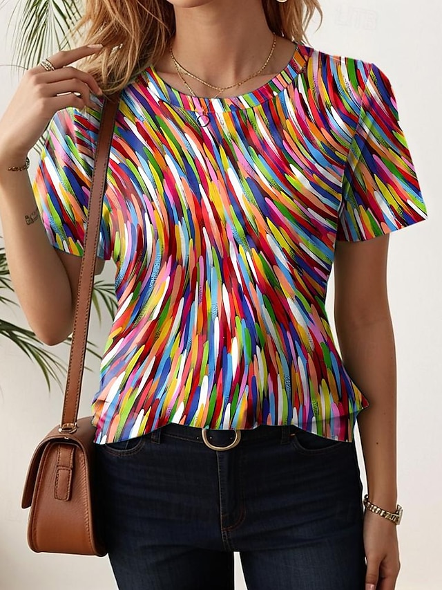  女性用 Tシャツ 祝日 レインボー 半袖 スタイリッシュ クルーネック 夏