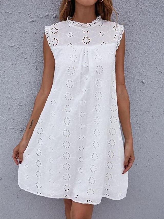 Women's White Dress Mini Dress Lace Patchwork Date Vacation Streetwear Stand Collar Sleeveless White Color4