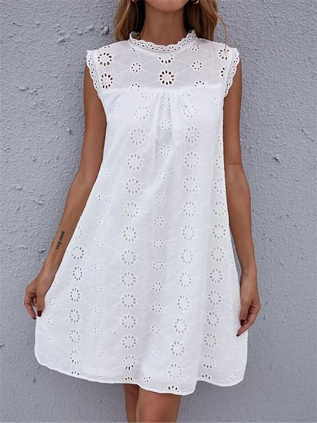 Women's White Dress Mini Dress Lace Patchwork Date Vacation Streetwear Stand Collar Sleeveless White Color4