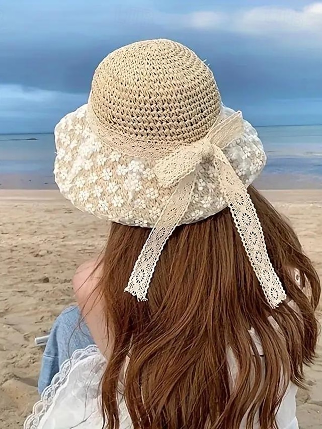  Chapeau de paille en dentelle à fleurs, seau simple, pare-soleil décontracté d'été, adapté aux vacances à la plage