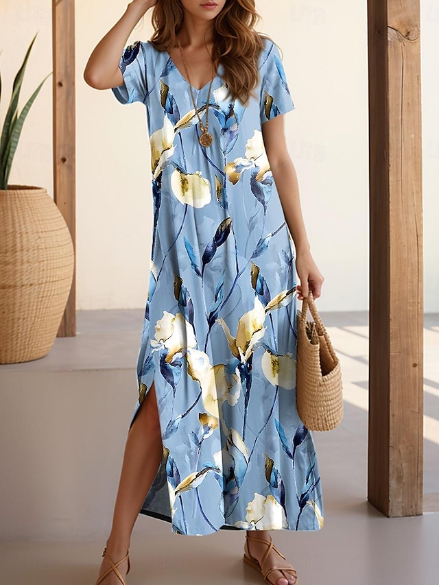  Women's Casual Dress Split Floral Print V Neck Long Dress Maxi Dress Boho Vacation Short Sleeve Summer Beach