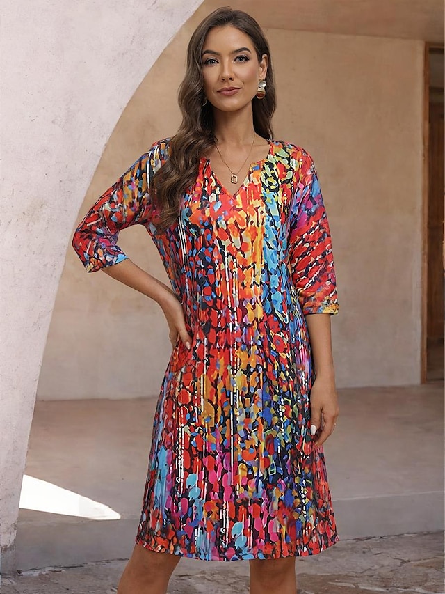  Γυναικεία Φόρεμα ριχτό Συνδυασμός Χρωμάτων Στάμπα Στάμπα Διχασμένος λαιμός Μίντι φόρεμα Καθημερινά Ημερομηνία Μισό μανίκι Καλοκαίρι Άνοιξη