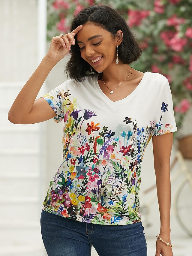 Women's T shirt Tee Black White Blue Graphic Floral Print Short Sleeve Casual Daily Basic V Neck Regular Floral Butterfly S