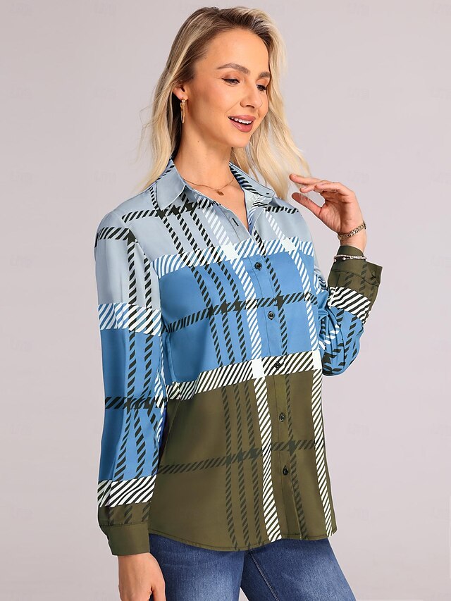  Damenhemd Mode Karomuster Knöpfe Print Langarm Reguläre Tops Hemdkragen Lässig Rot Blau Khaki Grau Frühling  Herbst