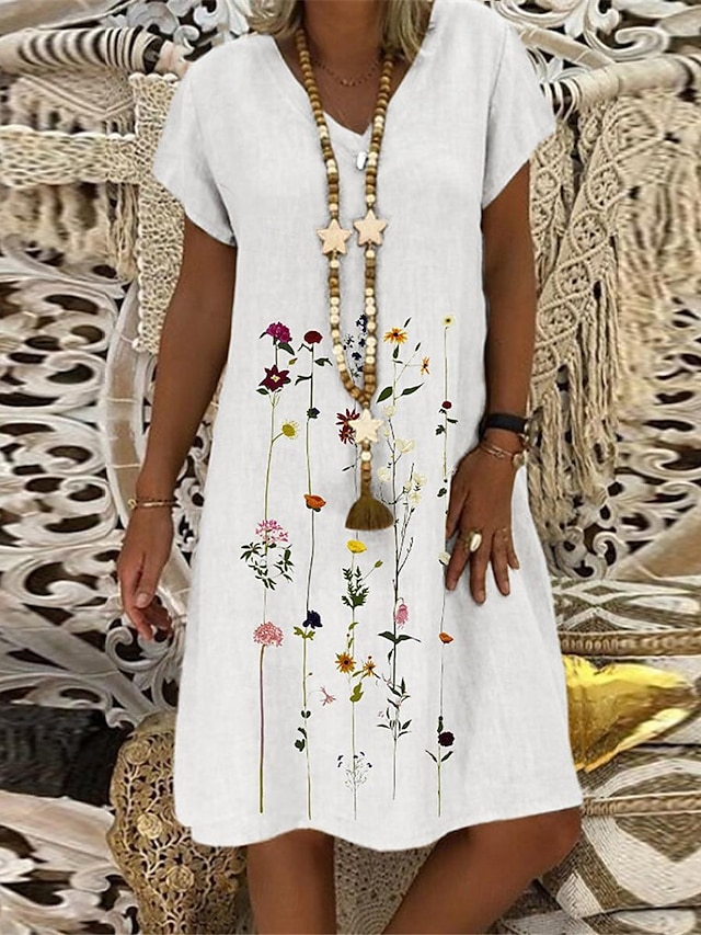  Női Fehér ruha Pamut vászon ruha Midi ruha Hímzett Napi V-alakú Rövid ujjú Nyár Tavasz Fehér Medence Virágos