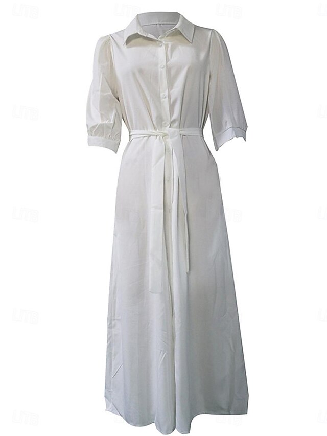 Women's White Dress Shirt Dress Maxi long Dress Office Business Date ...