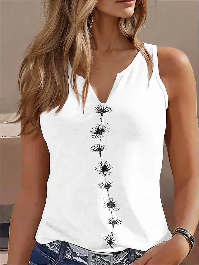  Women's Tank Top Floral Casual Holiday Print Black Sleeveless Basic V Neck