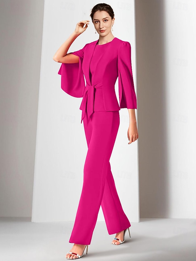  Two Piece Jumpsuits Mother of the Bride Dress Wedding Guest Elegant Wrap Included Jewel Neck Ankle Length Stretch Chiffon 3/4 Length Sleeve with Bandage 2024