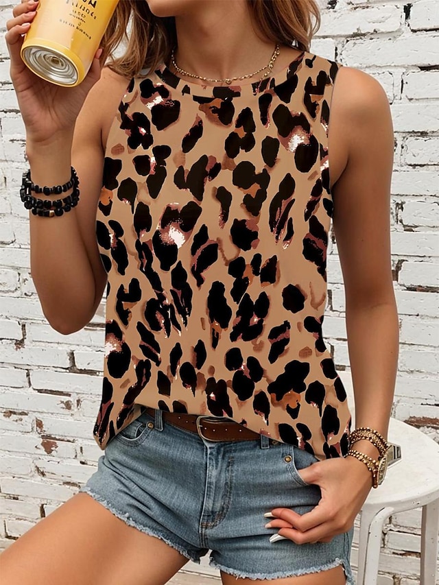  Women's Tank Top Vest Leopard Print Casual Fashion Streetwear Sleeveless Crew Neck Pink Summer