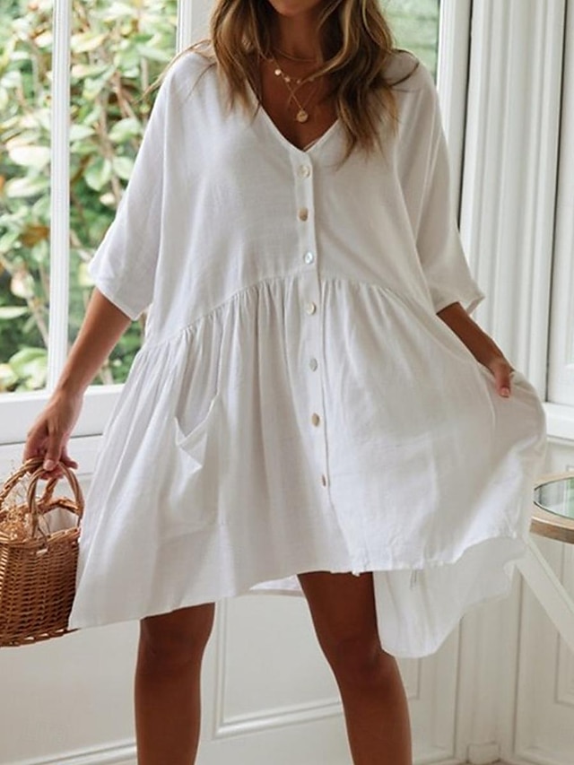  Women's White Dress Mini Dress Button Pocket Vacation Beach Streetwear Basic V Neck 3/4 Length Sleeve Black White Color