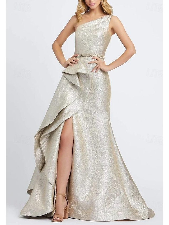  Mermaid / Trumpet Prom Dresses Elegant Dress Formal Prom Floor Length Sleeveless One Shoulder Sequined with Ruffles 2024