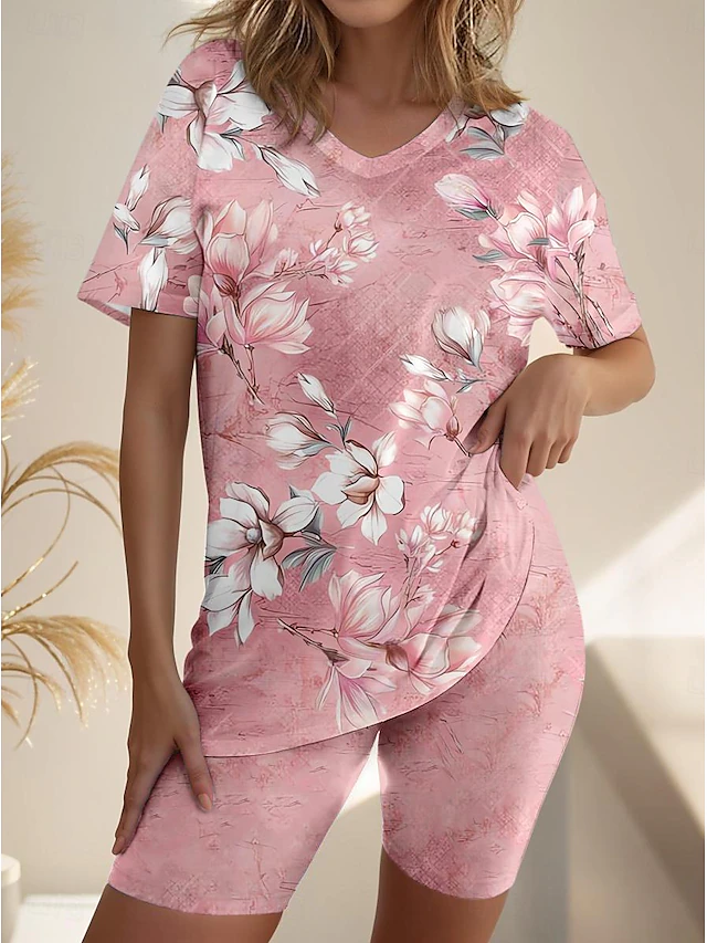 Women's T Shirt 2 Piece Set Floral Print Short Sleeve T-Shirt and Shorts Casual Comfort Pink Textured Homewear Spring Summer Outfit 12