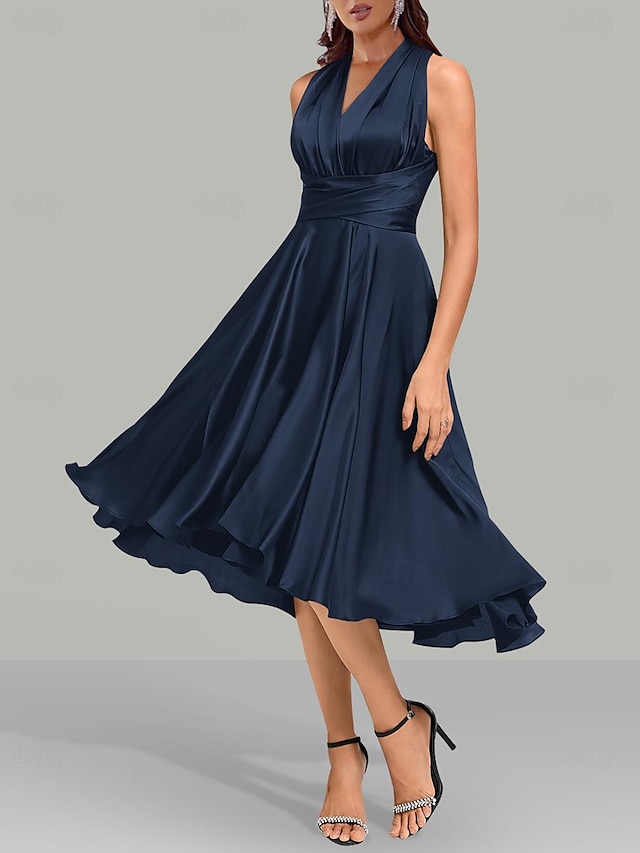  A-lijn blauw bruiloftsgasten jurken elegante jurk formeel zomer thee lengte mouwloos één-schouder converteerbaar satijn met ruches 2024