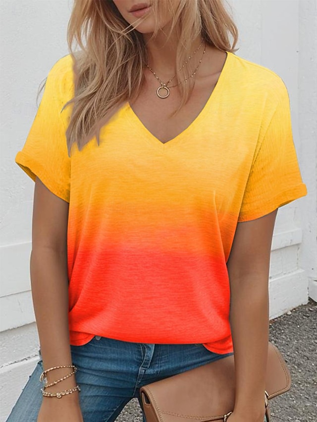  Damen T Shirt Farbverlauf Farbverläufe Urlaub Hawaiianisch Stilvoll Kurzarm V Ausschnitt Rosa Sommer