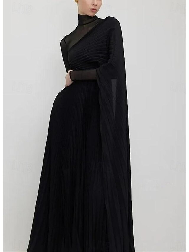 Sheath Black Dress Evening Gown Elegant Dress Formal Ankle Length Long Sleeve Square Neck Stretch Fabric with Feather