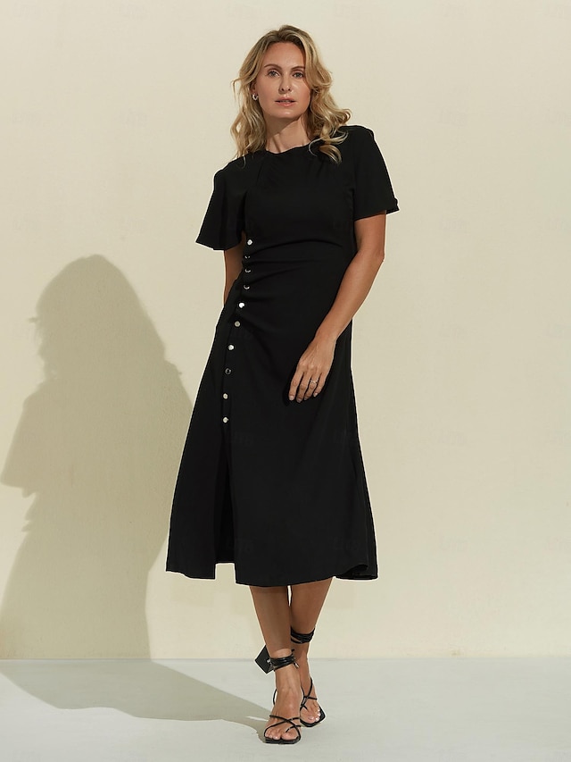  Женское базовое черное платье миди с короткими рукавами и круглым вырезом