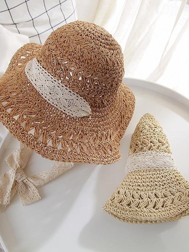  Chapéu balde de crochê oco, laço de fita, aba larga, respirável, palha, chapéu de sol, elegante, viagem, praia, chapéus para mulheres