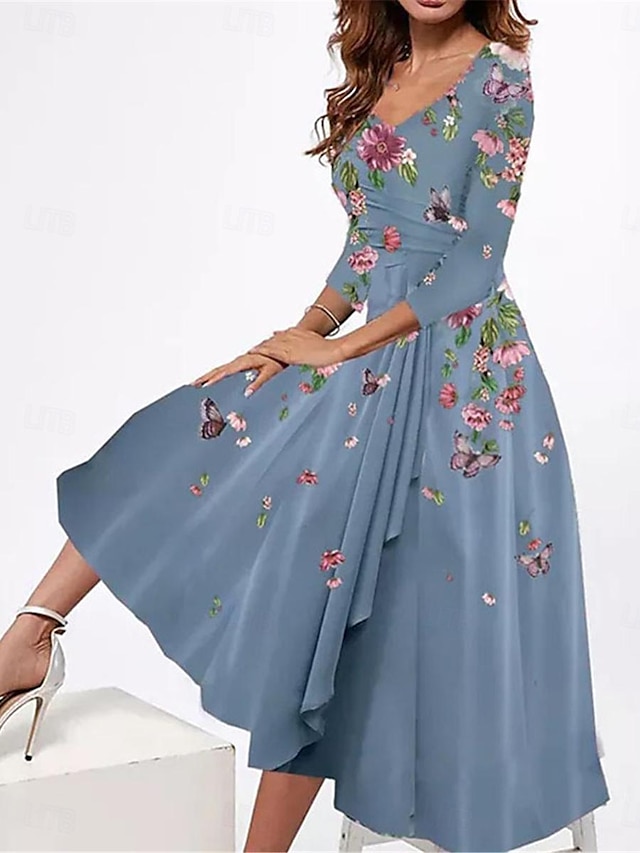  Damen Casual kleid A Linie Kleid Blumen Rüsche Bedruckt V Ausschnitt Midikleid Urlaub Langarm Sommer