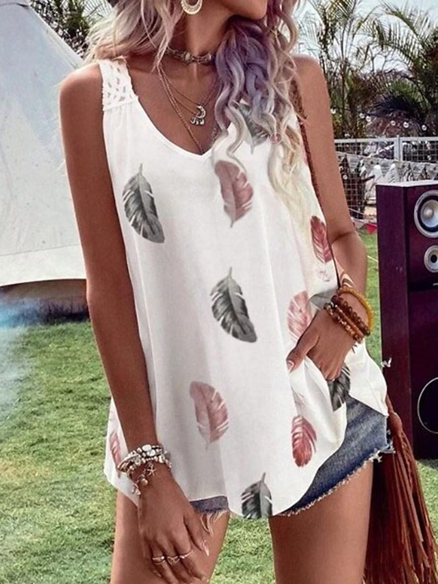  Women's Tank Top Feather Lace Print Casual Fashion Sleeveless V Neck White Summer