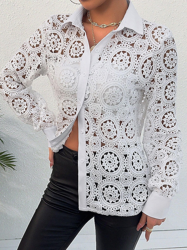 Shirt Lace Shirt Blouse Eyelet top Women's White Plain Lace Button Street Daily Fashion Shirt Collar Regular Fit S 7