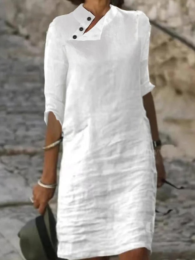  Mulheres Vestido branco Vestido casual Vestido de linho de algodão Minivestido Botão Imprimir Diário Colarinho Chinês Manga 3/4 Verão Primavera Preto Branco Floral Tecido