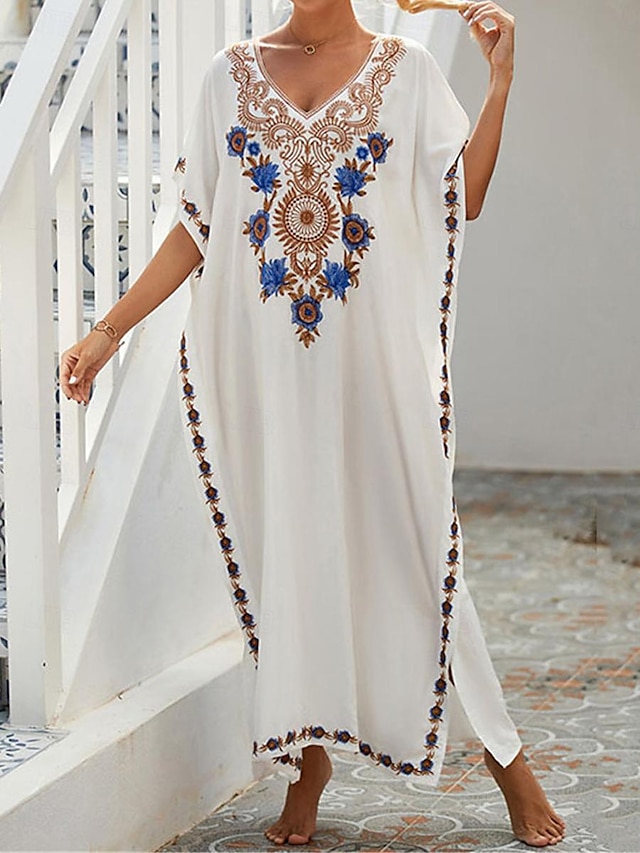  Damen Weißes Kleid kleid lang Bestickt Gespleisst Urlaub Strand Maxi Boho V Ausschnitt Halbe Ärmel Schwarz Weiß Farbe