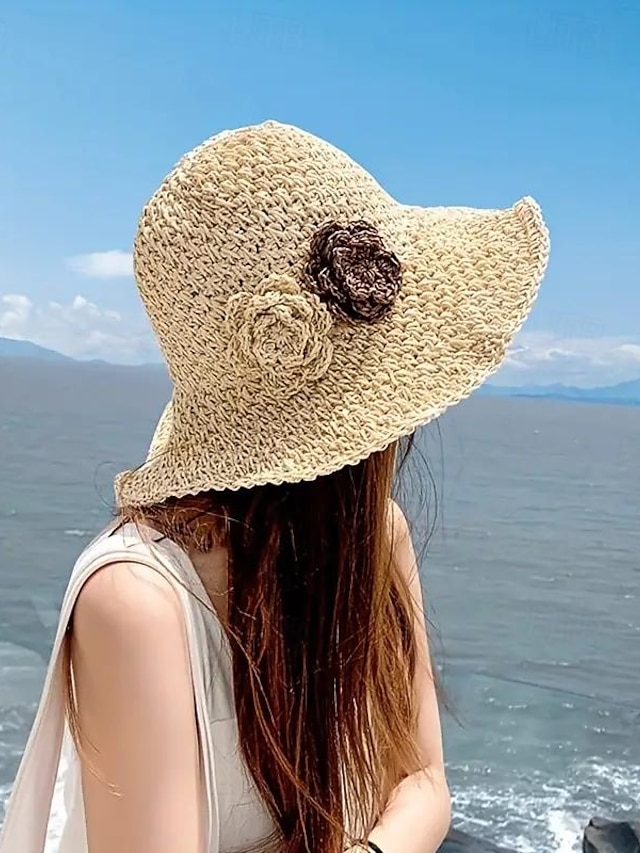  1 st virkad stråhatt för kvinnor sommarsolskydd andas blomdekor perfekt för utomhusresor & strand