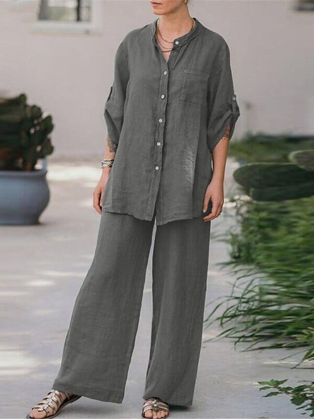 Vintage Print Shirt Pants Sets 2026.Women's Basic Shirt Two Piece Sets Pants Sets Wide Leg Pants Trousers ...