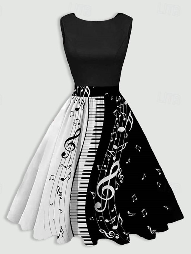  Γυναικεία Σουρωτά Στάμπα Vintage Φόρεμα Μίντι φόρεμα Κομψό Βίντατζ Note Στρογγυλή Ψηλή Λαιμόκοψη Αμάνικο Καθημερινά Ημερομηνία Καλοκαίρι Άνοιξη Μαύρο Κρασί
