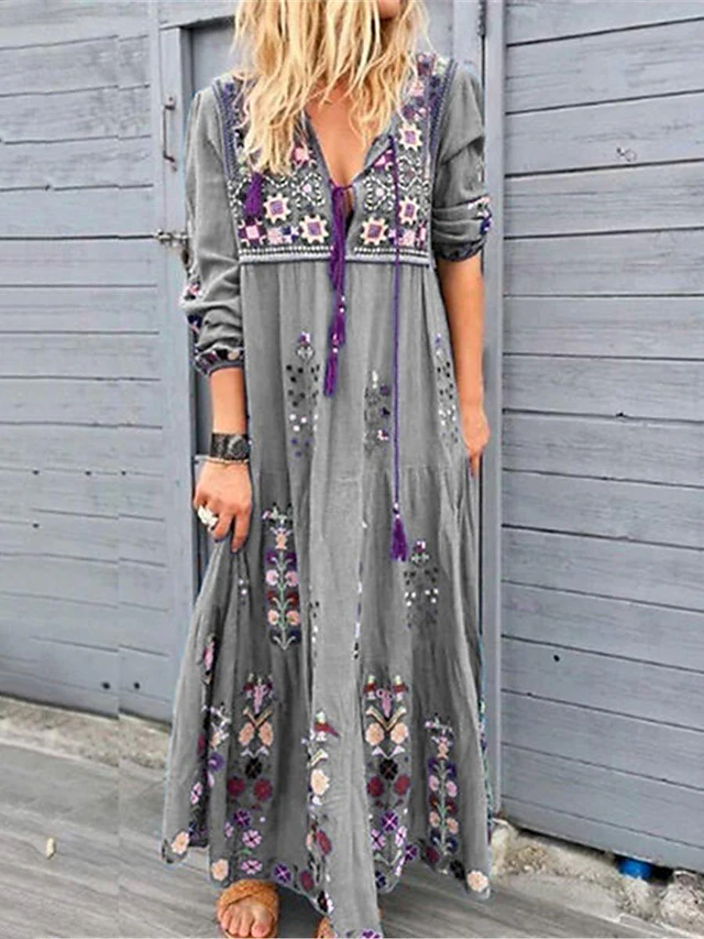 Womens Boho Maxi Dress Red With Ethic Floral Print V Neck Three Quarter Sleeve Casual Loose Fit 8302