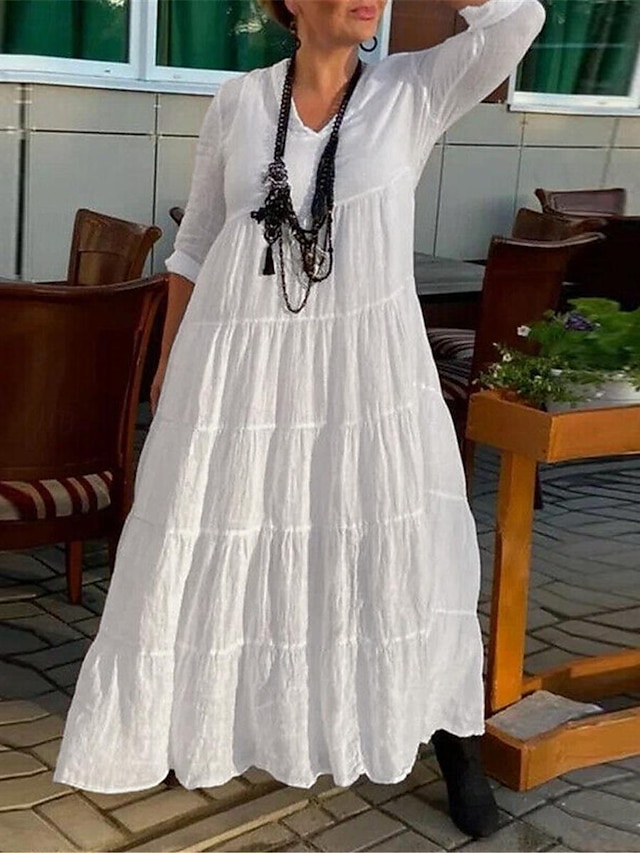  Γυναικεία Λευκό φόρεμα Καθημερινό φόρεμα Φόρεμα από βαμβακερό λινό Μακρύ φόρεμα Βαμβάκι Σουρωτά Με Βολάν Βασικό Καθημερινά Λαιμόκοψη V 3/4 Μήκος Μανικιού Καλοκαίρι Άνοιξη Λευκό Βαθυγάλαζο Σκέτο