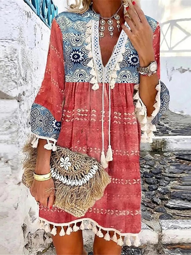  Women's Casual Dress Floral Geometric Tassel Fringe Print Split Neck Mini Dress Bohemia Ethnic Vacation Summer