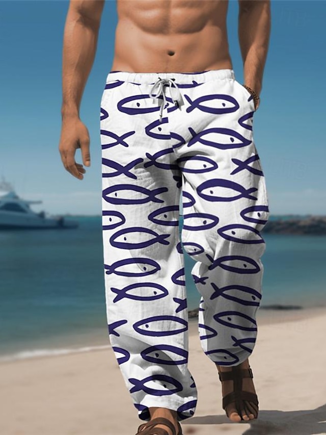  Vacation 3D Print Hawaiian Men's Side Pockets 3D Print Elastic Drawstring Design Pants Trousers Straight-Leg Trousers Outdoor Hawaiian Holiday Polyester Black Green S M L Medium Waist Elasticity