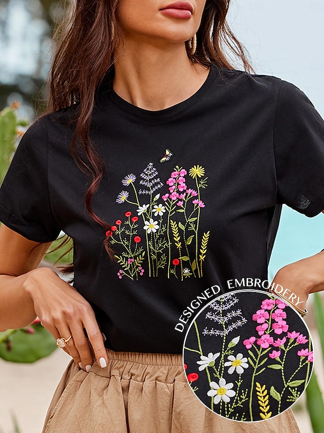 Women's Summer Tops Blouse Embroidered Short Sleeve Crew Neck Black Summer Spring