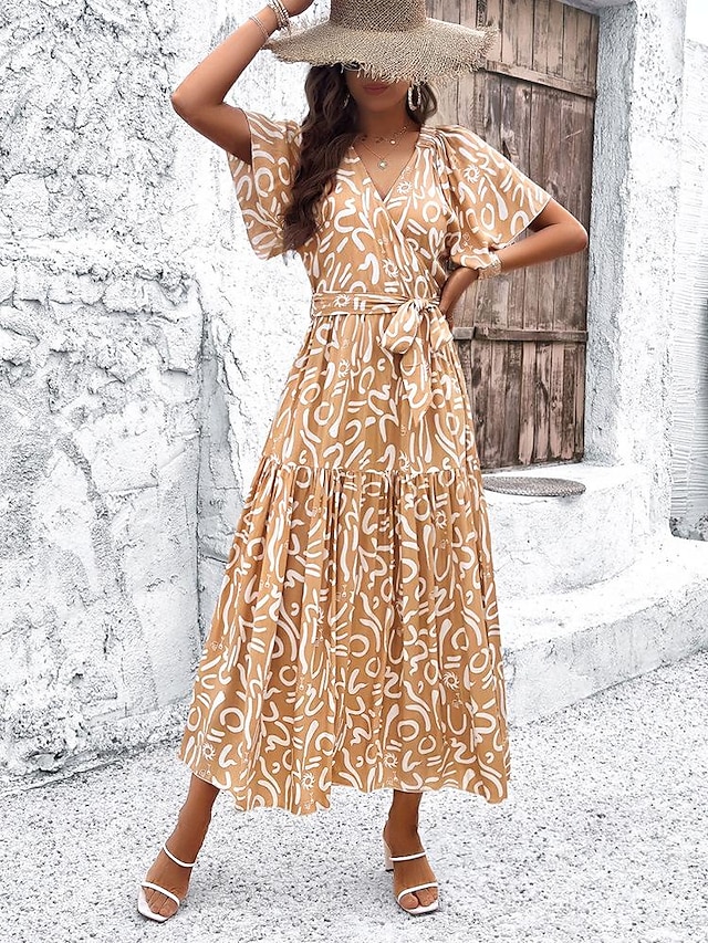  Women's Casual Dress Graphic Print V Neck Long Dress Maxi Dress Vacation Short Sleeve Summer