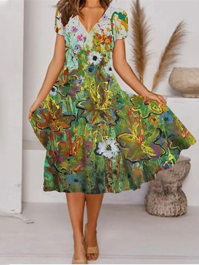  Damen Casual kleid A Linie Kleid Blumen Marmordruck Bedruckt V Ausschnitt Midikleid Urlaub Kurzarm Sommer