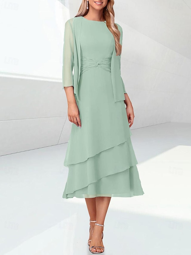  Sage Column Mother of the Bride Dress Elegant Wedding Guest Tea Lengthn Tiered Chiffon 3/4 Length Sleeve Wrap Included with Ruching 2024