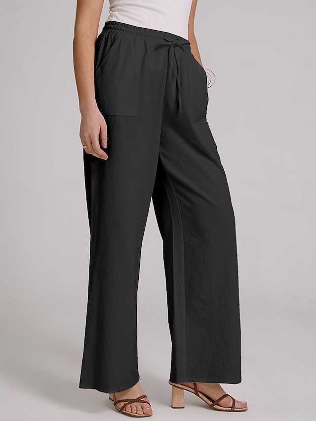 Women's Wide Leg Linen Pants Cotton Linen Side Pockets Wide Leg Baggy ...