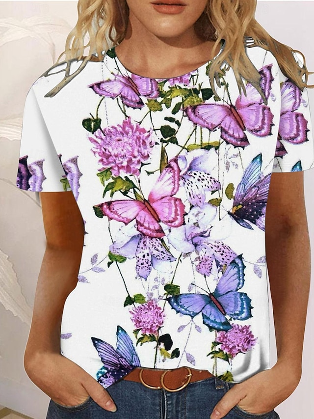  Naisten T-paita Kukka Painettu Kausaliteetti Pyhäpäivä Muoti Lyhythihainen Pyöreä kaula-aukko Valkoinen Kesä